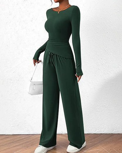 Curvvvy™ Completo Loungewear Top Asimmetrico Maniche Lunghe & Pantaloni a Gamba Larga