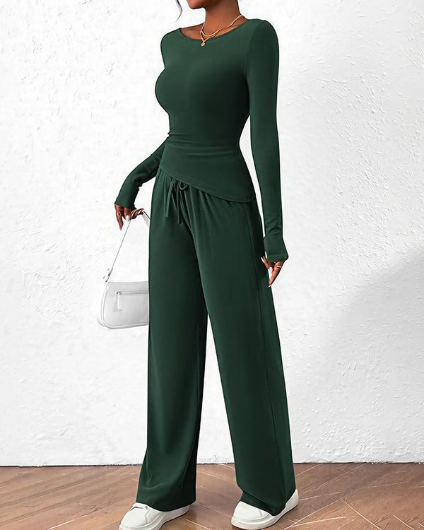 Curvvvy™ Completo Loungewear Top Asimmetrico Maniche Lunghe & Pantaloni a Gamba Larga