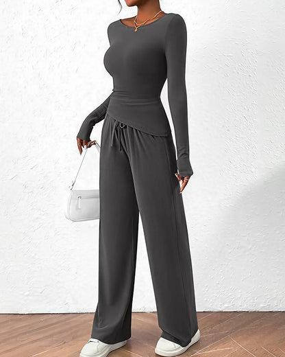 Curvvvy™ Completo Loungewear Top Asimmetrico Maniche Lunghe & Pantaloni a Gamba Larga