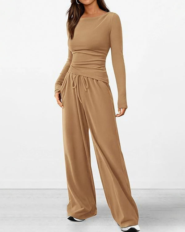 Curvvvy™ Completo Loungewear Top Asimmetrico Maniche Lunghe & Pantaloni a Gamba Larga