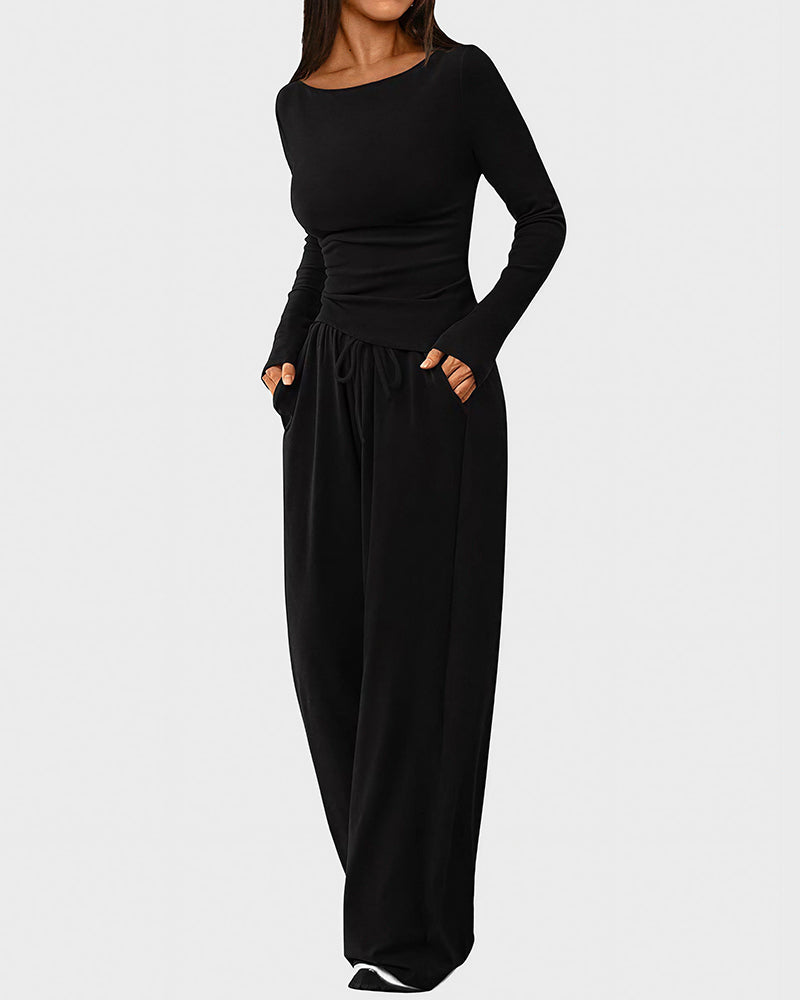 Curvvvy™ Completo Loungewear Top Asimmetrico Maniche Lunghe & Pantaloni a Gamba Larga