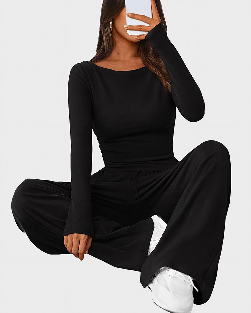 Curvvvy™ Completo Loungewear Top Asimmetrico Maniche Lunghe & Pantaloni a Gamba Larga