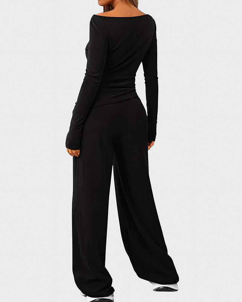 Curvvvy™ Completo Loungewear Top Asimmetrico Maniche Lunghe & Pantaloni a Gamba Larga