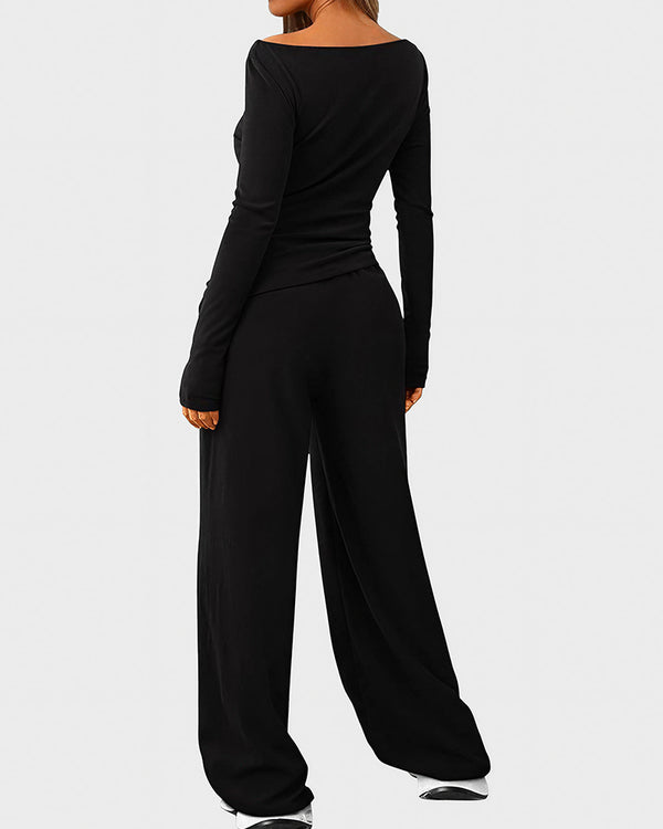 Curvvvy™ Completo Loungewear Top Asimmetrico Maniche Lunghe & Pantaloni a Gamba Larga
