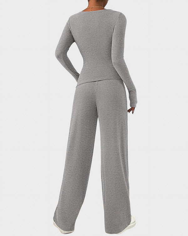 Curvvvy™ Completo Loungewear Top Asimmetrico Maniche Lunghe & Pantaloni a Gamba Larga
