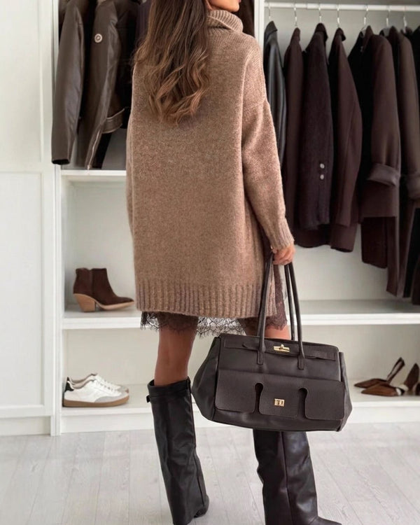 Curvvvy™ Completo Top Dolcevita in Maglia & Abito con Bordo in Pizzo