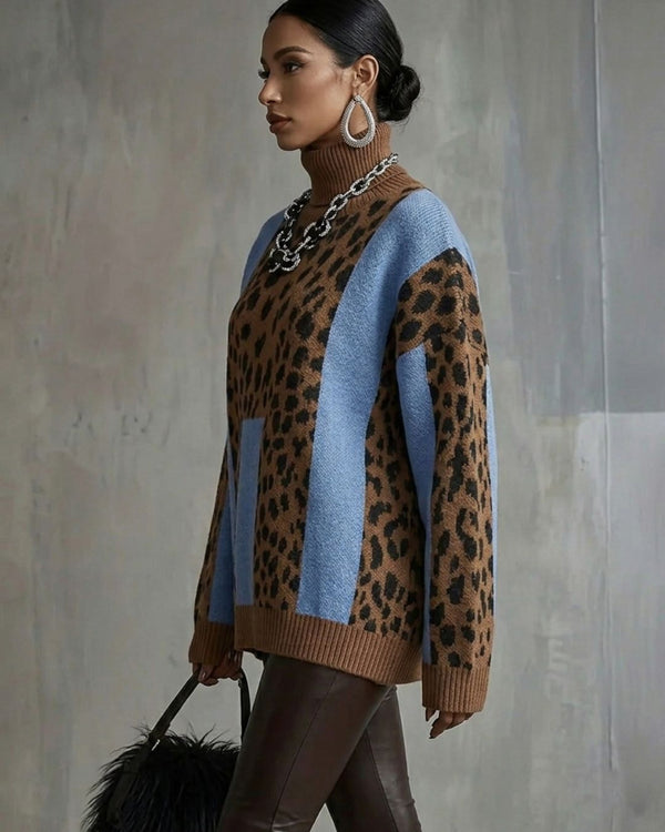 Curvvvy™ Vintage Patchwork Leopard Print Knit Sweater