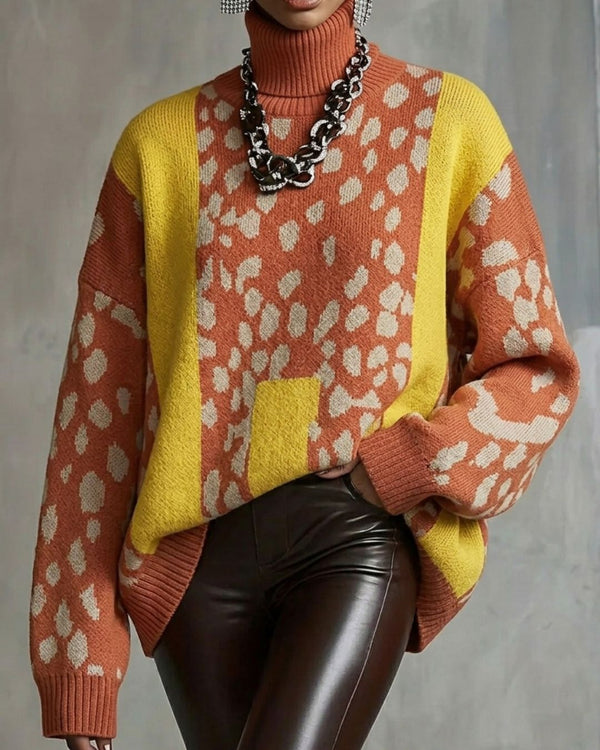Curvvvy™ Vintage Patchwork Leopard Print Knit Sweater