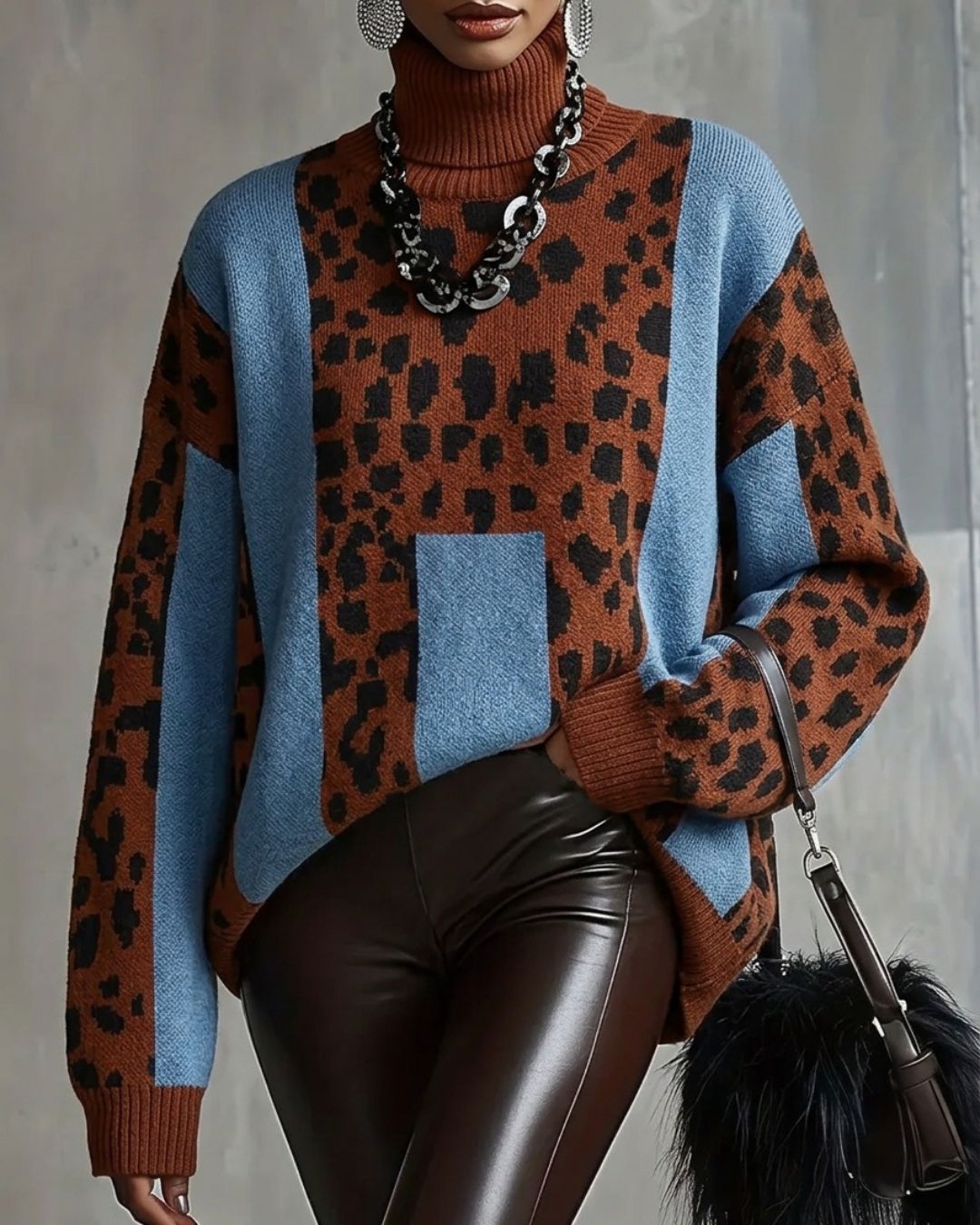 Curvvvy™ Vintage Patchwork Leopard Print Knit Sweater