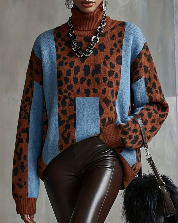 Curvvvy™ Vintage Patchwork Leopard Print Knit Sweater