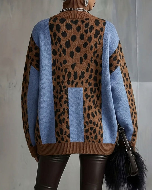 Curvvvy™ Vintage Patchwork Leopard Print Knit Sweater