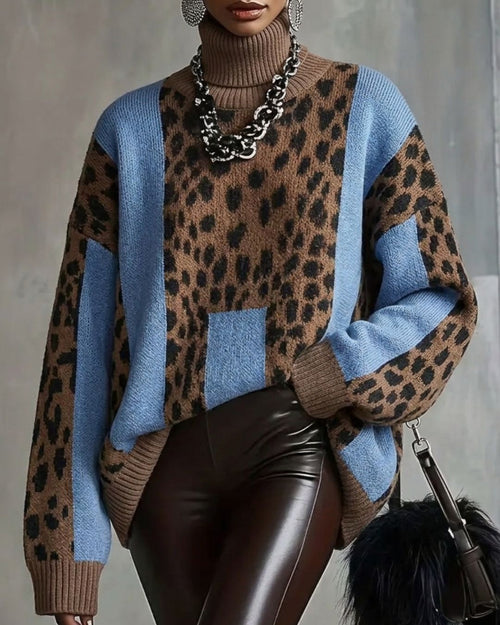 Curvvvy™ Vintage Patchwork Leopard Print Knit Sweater