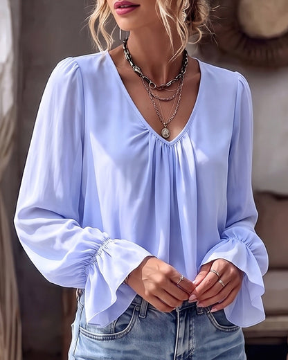 Curvvvy™ Lässiges Langarm-Sweatshirt mit V-Ausschnitt und Tasche