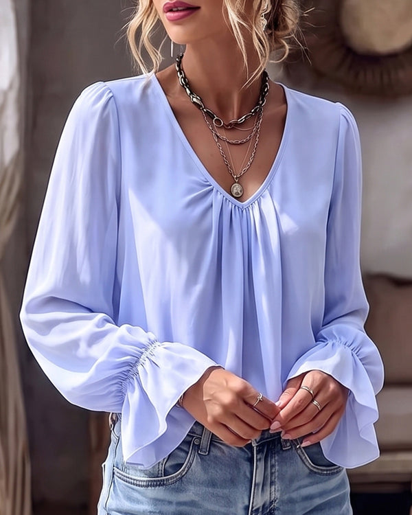 Curvvvy™ Lässiges Langarm-Sweatshirt mit V-Ausschnitt und Tasche