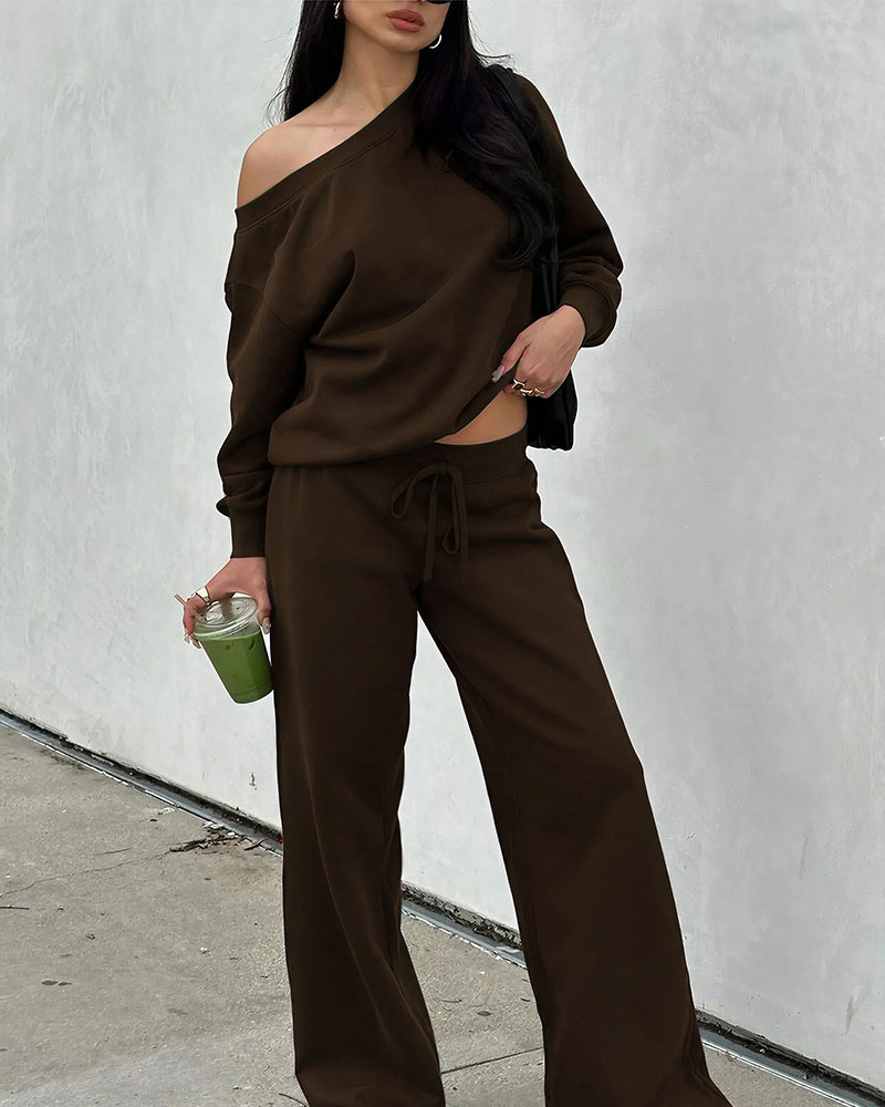 Curvvvy™ Completo Loungewear Top Asimmetrico Maniche Lunghe & Pantaloni a Gamba Larga