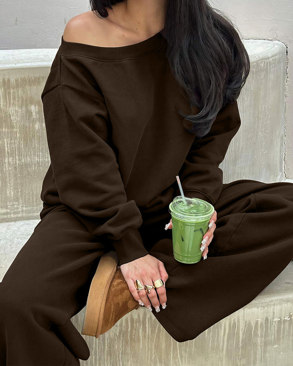 Curvvvy™ Completo Loungewear Top Asimmetrico Maniche Lunghe & Pantaloni a Gamba Larga