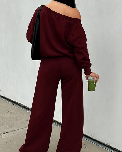 Curvvvy™ Completo Loungewear Top Asimmetrico Maniche Lunghe & Pantaloni a Gamba Larga
