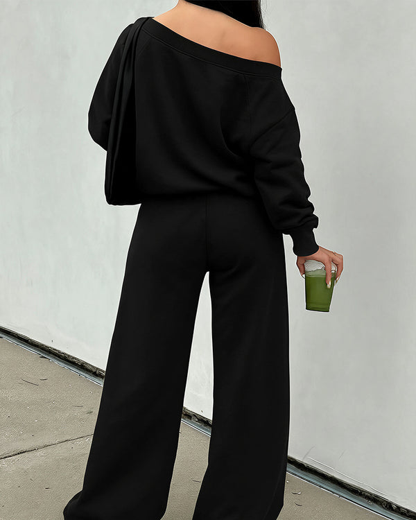 Curvvvy™ Completo Loungewear Top Asimmetrico Maniche Lunghe & Pantaloni a Gamba Larga