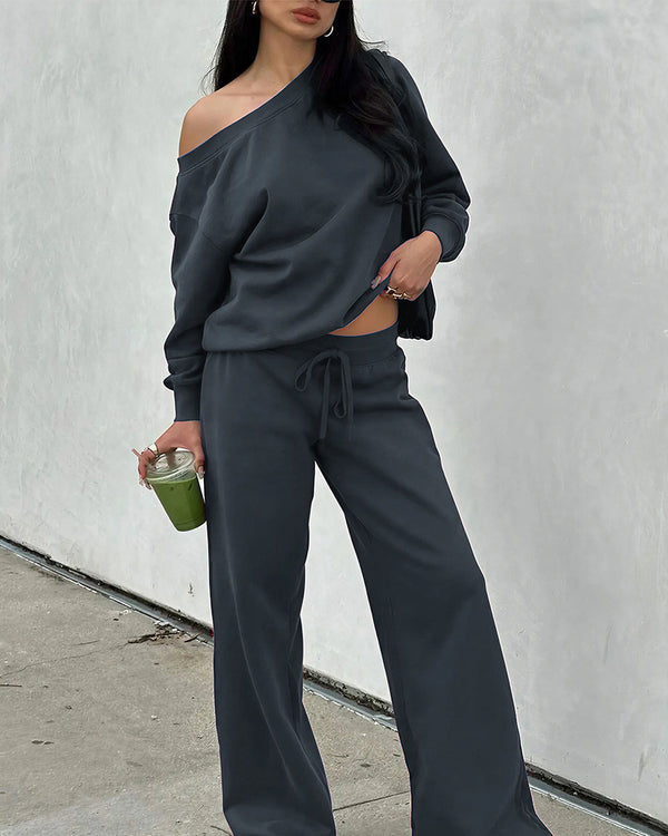 Curvvvy™ Completo Loungewear Top Asimmetrico Maniche Lunghe & Pantaloni a Gamba Larga