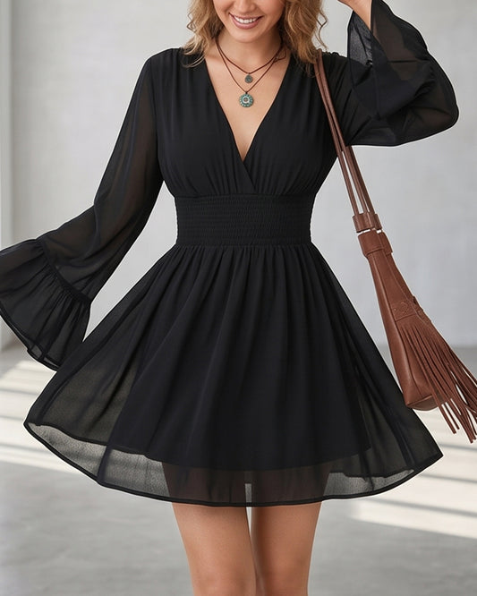 Curvvvy™ V-Neck Waist-Cinched Lantern Sleeve Mini Dress