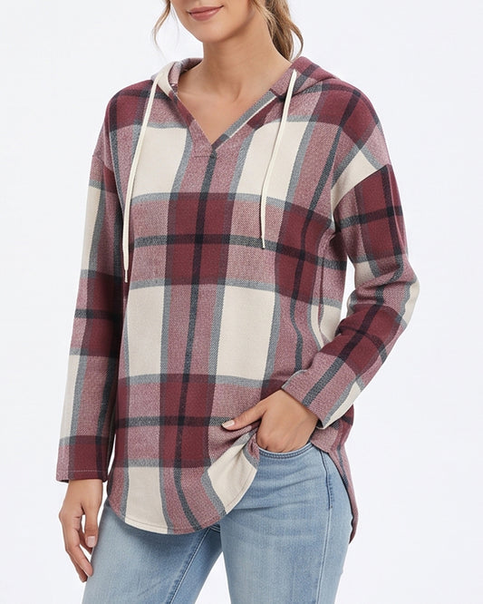 Curvvvy™ Hooded Plaid V-Neck Casual Shirt