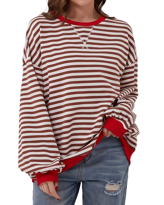 Curvvvy™ Color Block Striped Crew Neck Long Sleeve Top
