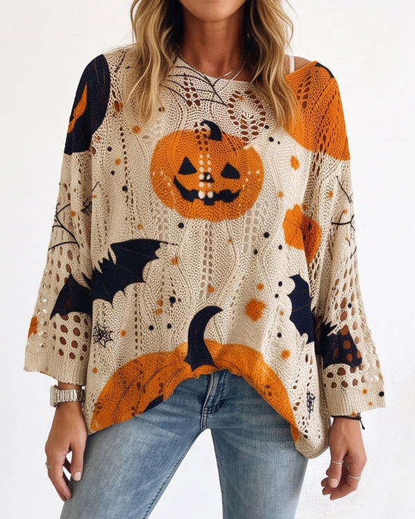 Curvvvy™ Festive Pumpkin & Bat Long-Sleeve Halloween Pullover