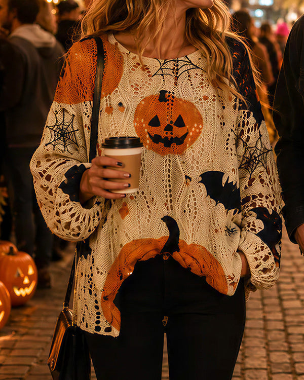 Curvvvy™ Festive Pumpkin & Bat Long-Sleeve Halloween Pullover