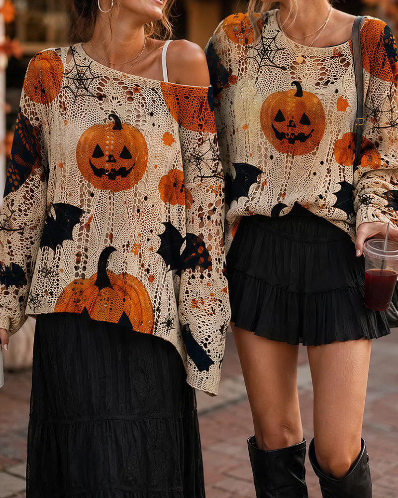 Curvvvy™ Festive Pumpkin & Bat Long-Sleeve Halloween Pullover