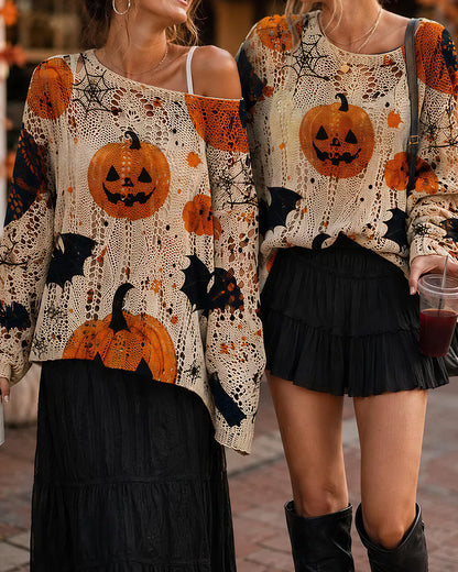 Curvvvy™ Festive Pumpkin & Bat Long-Sleeve Halloween Pullover