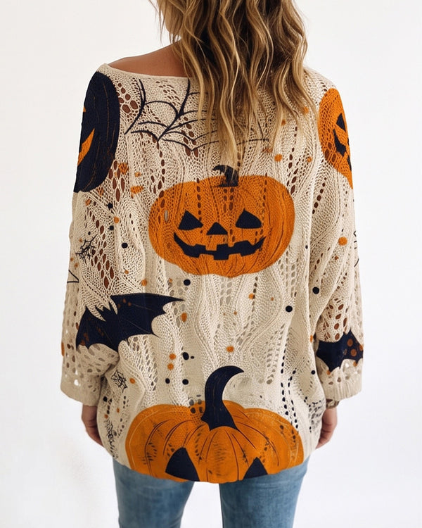 Curvvvy™ Festive Pumpkin & Bat Long-Sleeve Halloween Pullover