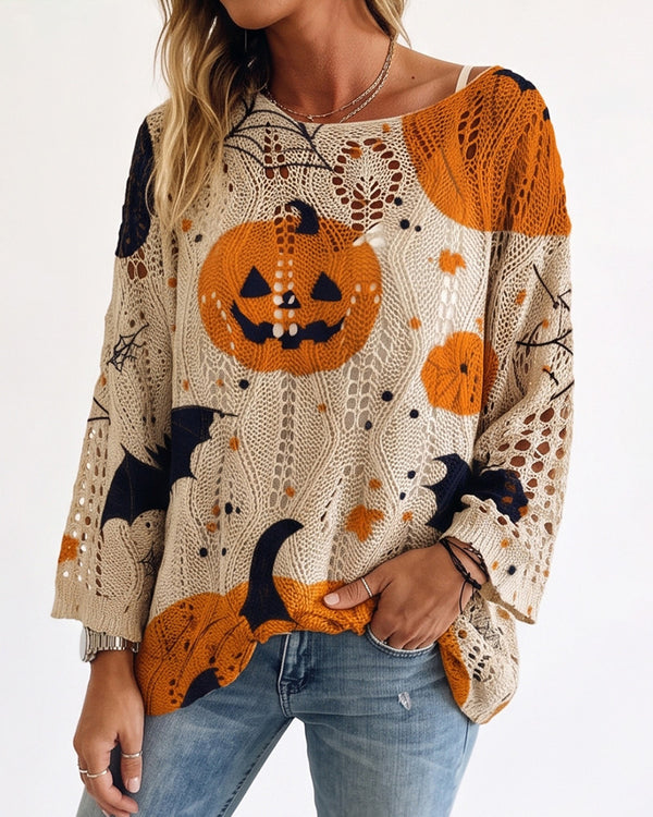 Curvvvy™ Festive Pumpkin & Bat Long-Sleeve Halloween Pullover