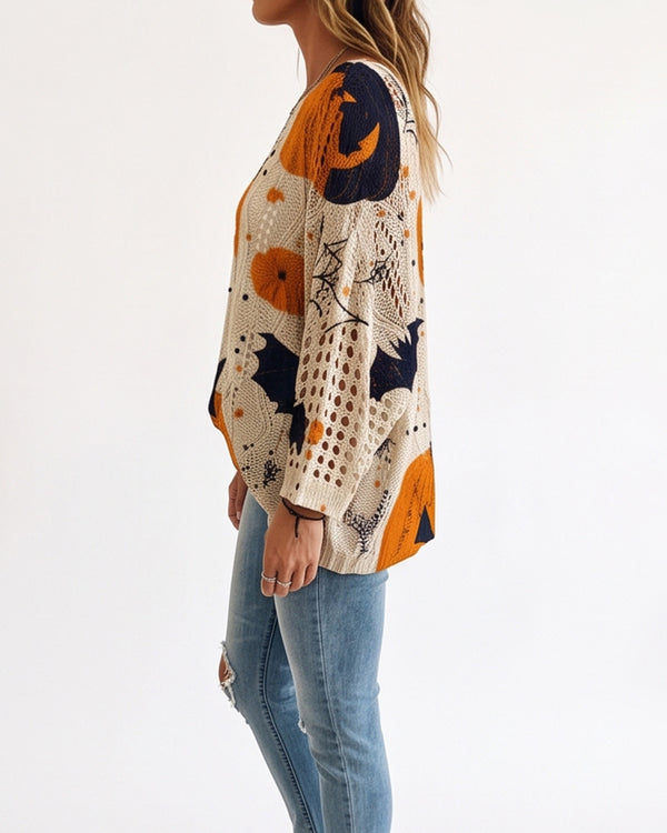 Curvvvy™ Festive Pumpkin & Bat Long-Sleeve Halloween Pullover