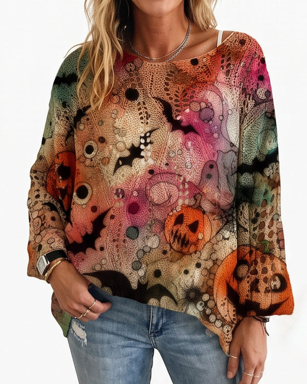 Curvvvy™ Festive Pumpkin & Bat Long-Sleeve Halloween Pullover