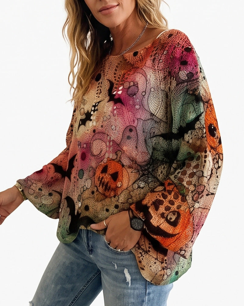 Curvvvy™ Festive Pumpkin & Bat Long-Sleeve Halloween Pullover