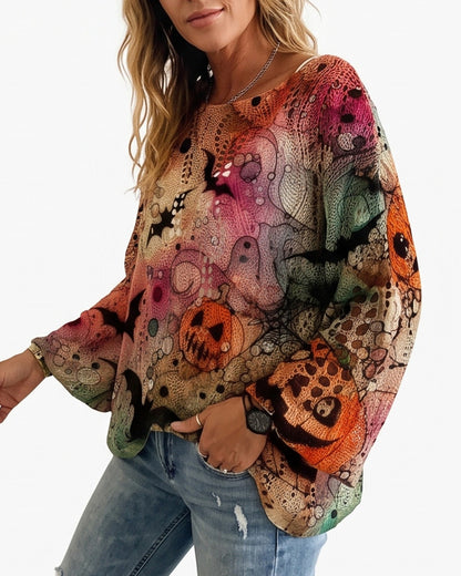 Curvvvy™ Festive Pumpkin & Bat Long-Sleeve Halloween Pullover