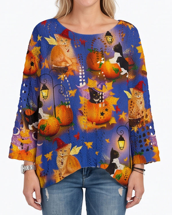 Curvvvy™ Festive Pumpkin & Bat Long-Sleeve Halloween Pullover