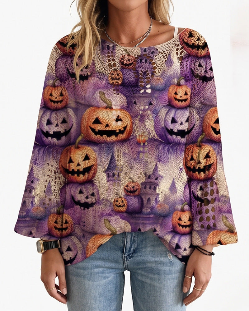 Curvvvy™ Festive Pumpkin & Bat Long-Sleeve Halloween Pullover