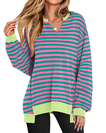 Curvvvy™ Gestreiftes Langarm-Oberteil mit Rundhalsausschnitt im Color-Block-Design