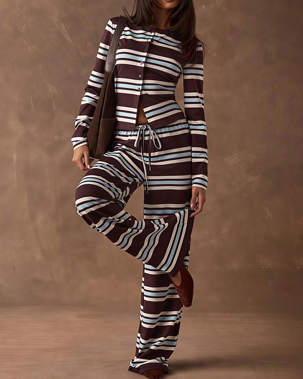 Curvvvy™ Cozy Vintage Striped Button-Up & Pant Set