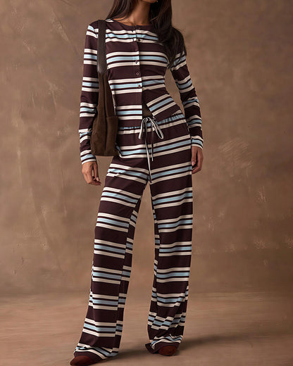 Curvvvy™ Cozy Vintage Striped Button-Up & Pant Set