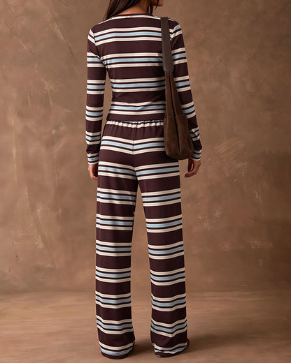 Curvvvy™ Cozy Vintage Striped Button-Up & Pant Set
