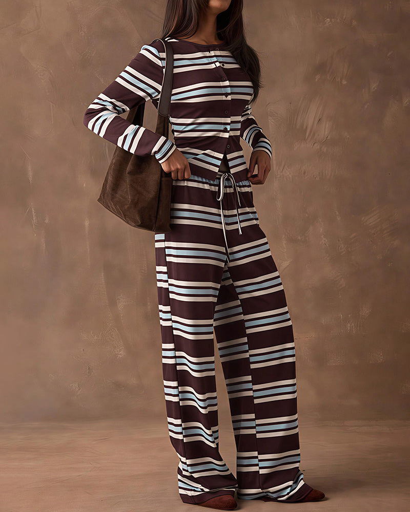 Curvvvy™ Cozy Vintage Striped Button-Up & Pant Set