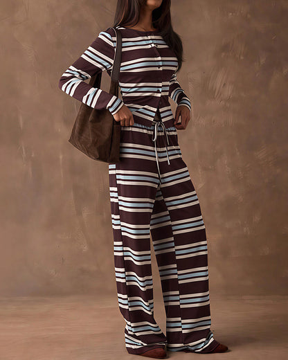 Curvvvy™ Cozy Vintage Striped Button-Up & Pant Set