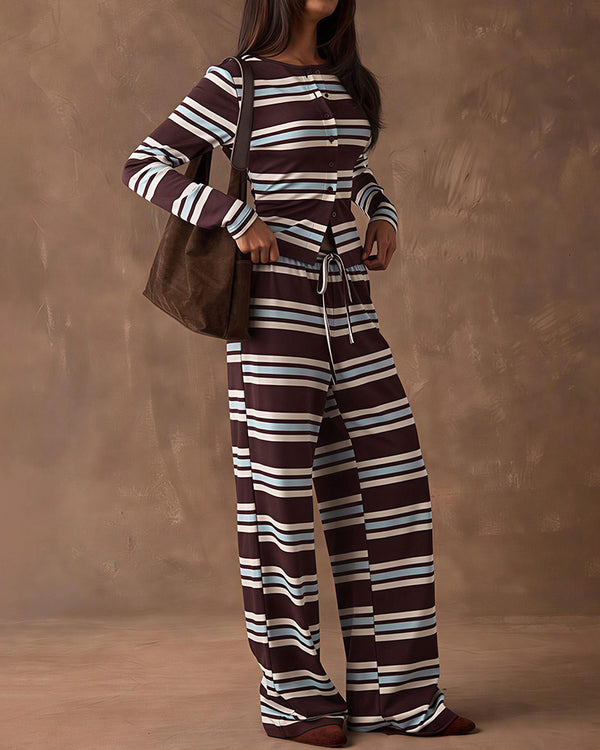Curvvvy™ Cozy Vintage Striped Button-Up & Pant Set
