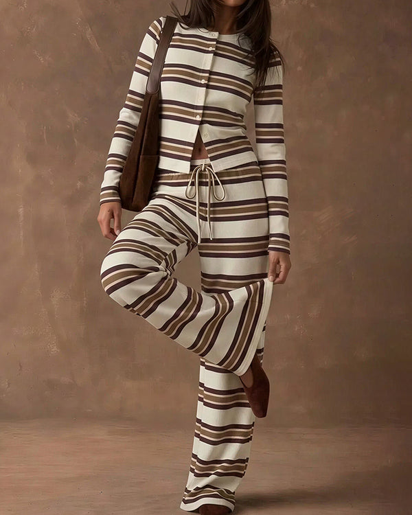 Curvvvy™ Cozy Vintage Striped Button-Up & Pant Set