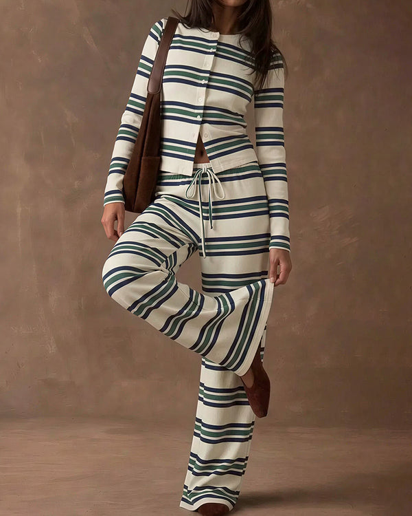 Curvvvy™ Cozy Vintage Striped Button-Up & Pant Set