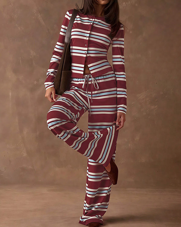 Curvvvy™ Cozy Vintage Striped Button-Up & Pant Set