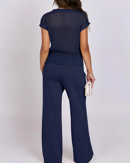 Curvvvy™ Open-Knit Lounge Set | Wide Leg Pants & Short Sleeve Top