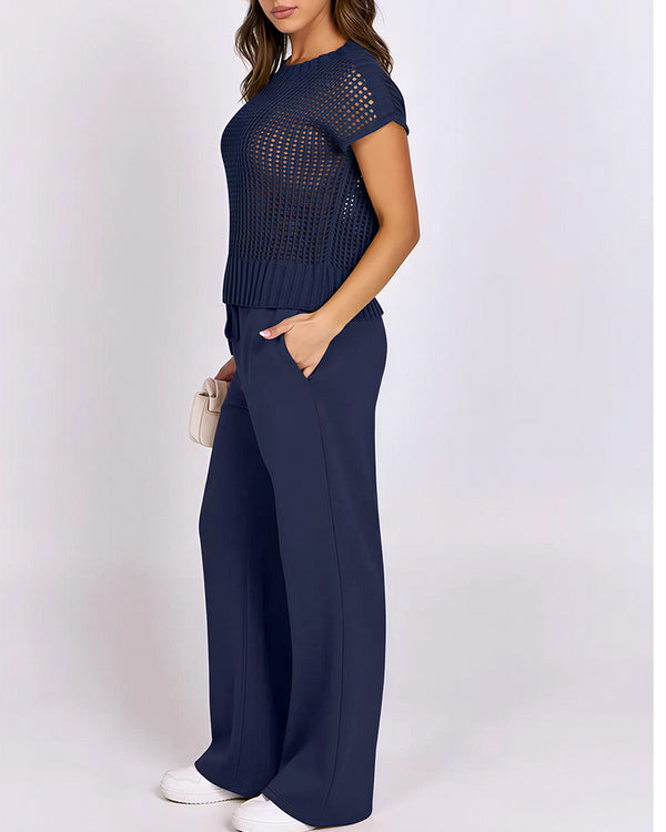 Curvvvy™ Open-Knit Lounge Set | Wide Leg Pants & Short Sleeve Top
